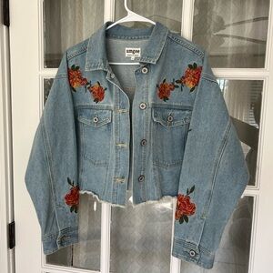 Umgee Floral Embroidered Cropped Raw Hem Denim Jacket Large Boho Gypsy Chic